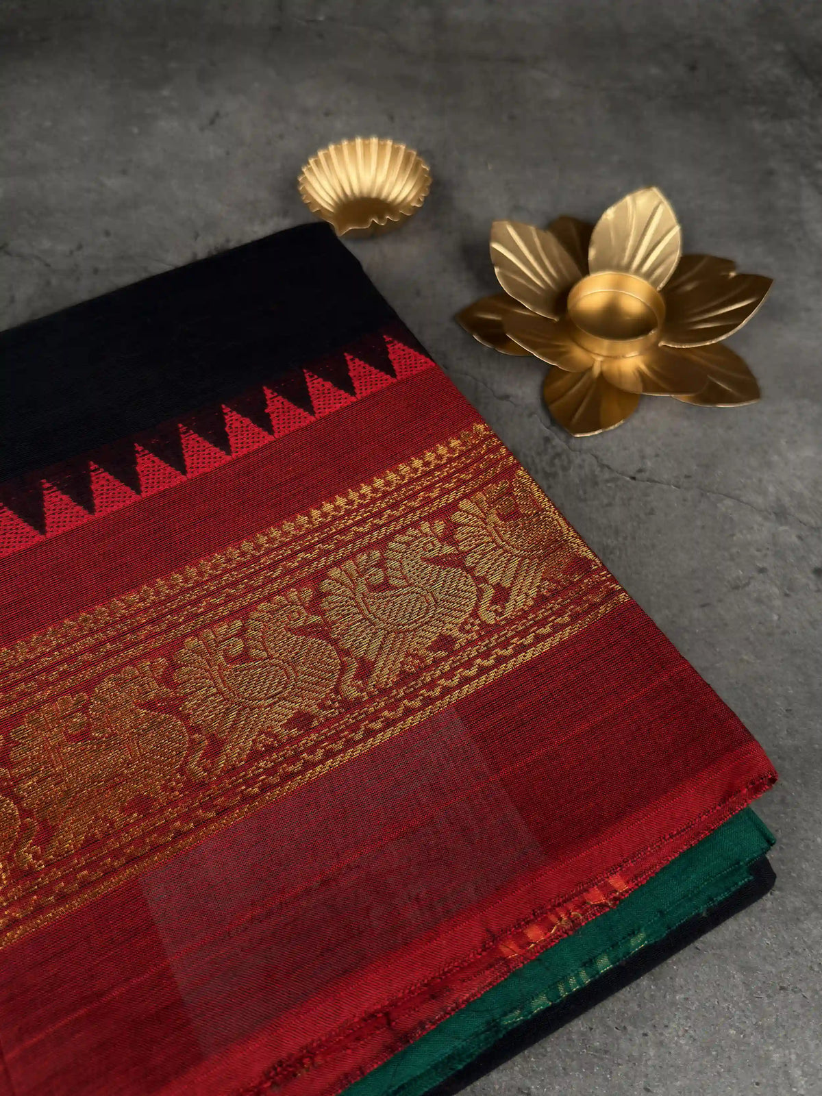 Premium Chettinad Cotton Saree | Black with Dual - Red, Green with Gold Borders