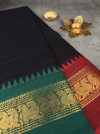 Premium Chettinad Cotton Saree | Black with Dual - Red, Green with Gold Borders