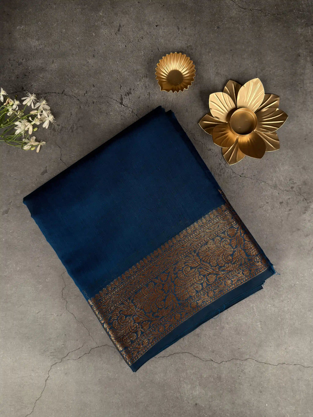 Premium Semi-Silk Banarasi Saree | Deep Peacock Blue with Antique Gold Border