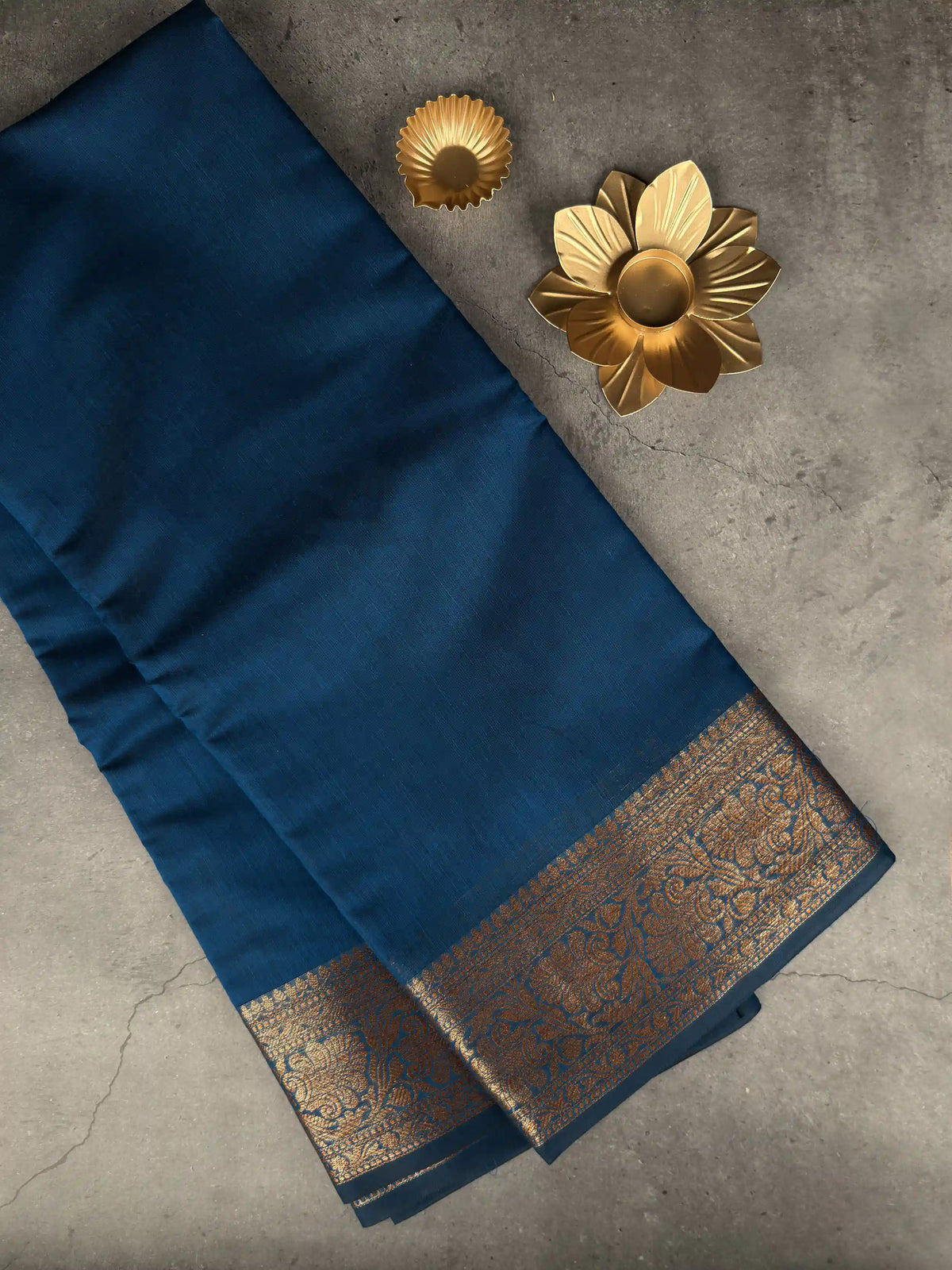 Premium Semi-Silk Banarasi Saree | Deep Peacock Blue with Antique Gold Border