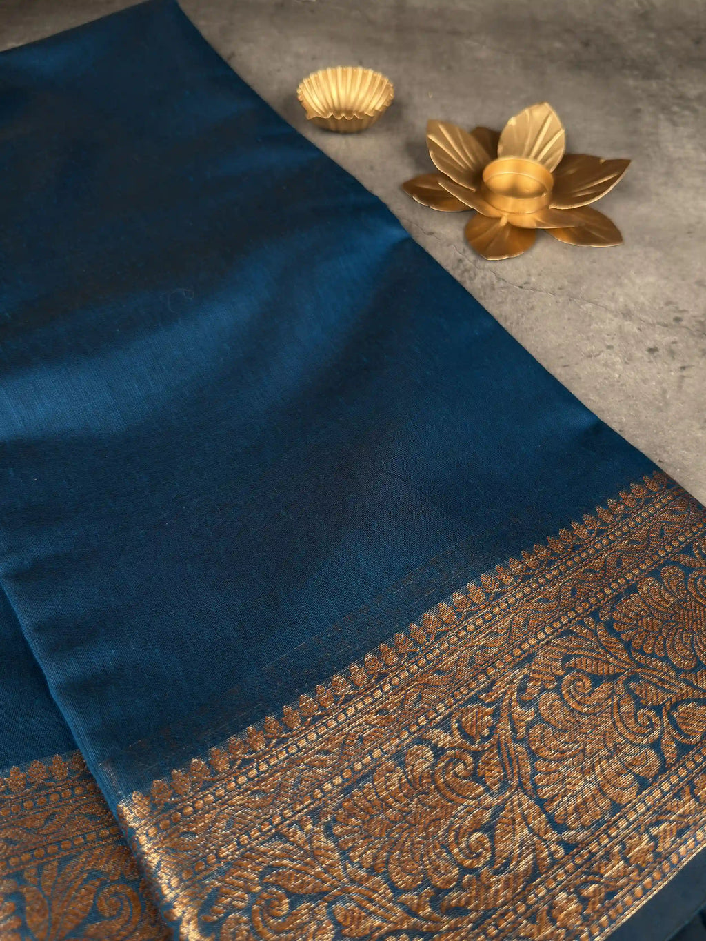 Premium Semi-Silk Banarasi Saree | Deep Peacock Blue with Antique Gold Border
