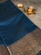 Premium Semi-Silk Banarasi Saree | Deep Peacock Blue with Antique Gold Border