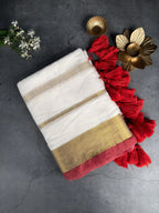 Premium Mulmul Cotton Saree | White with Red & Gold Border