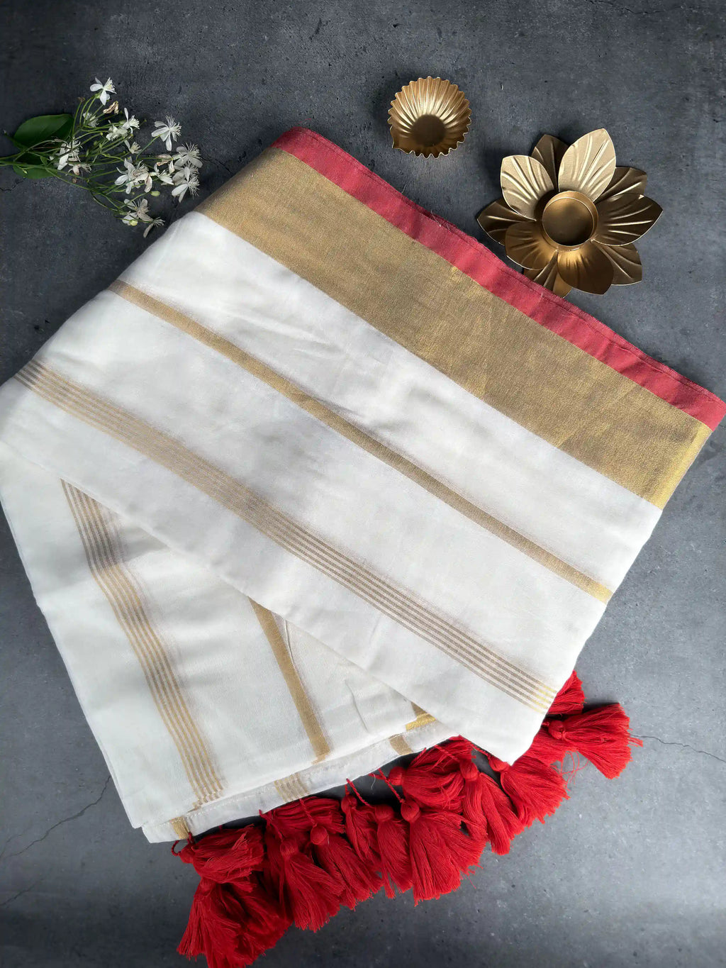 Premium Mulmul Cotton Saree | White with Red & Gold Border