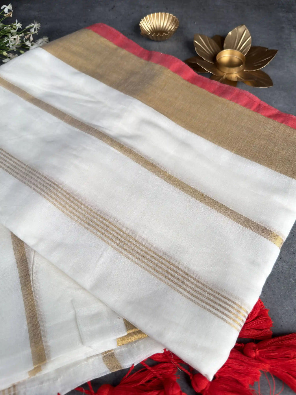 Premium Mulmul Cotton Saree | White with Red & Gold Border