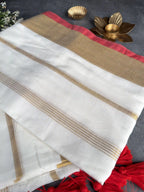 Premium Mulmul Cotton Saree | White with Red & Gold Border